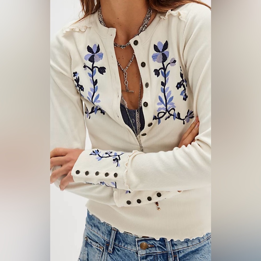 Free People Fleur Embroidered Cuff Henley - Picture 5 of 11